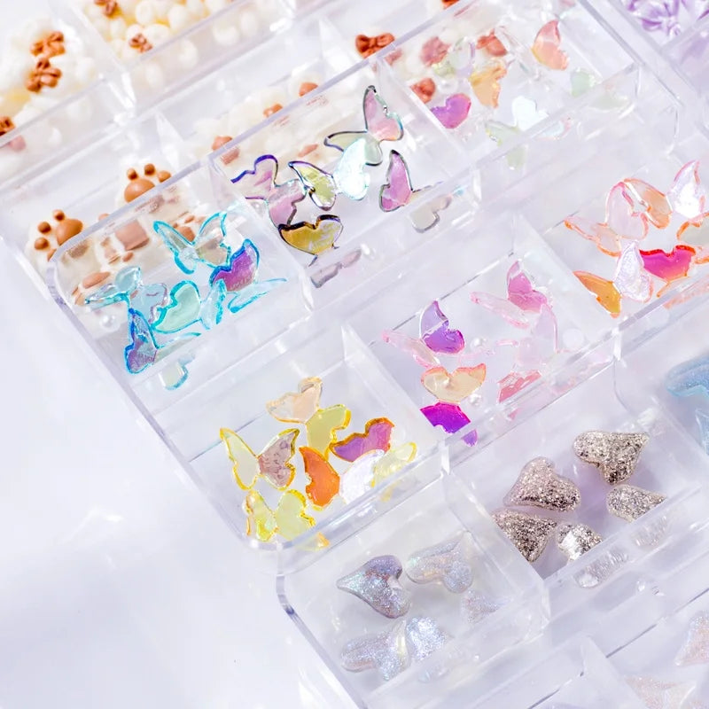 Manicure Butterfly Ornament Long Boxed Crooked Heart Cartoon Bear Bottoming Drill Christmas Bowknot Nail Ornament Ornament Mixed