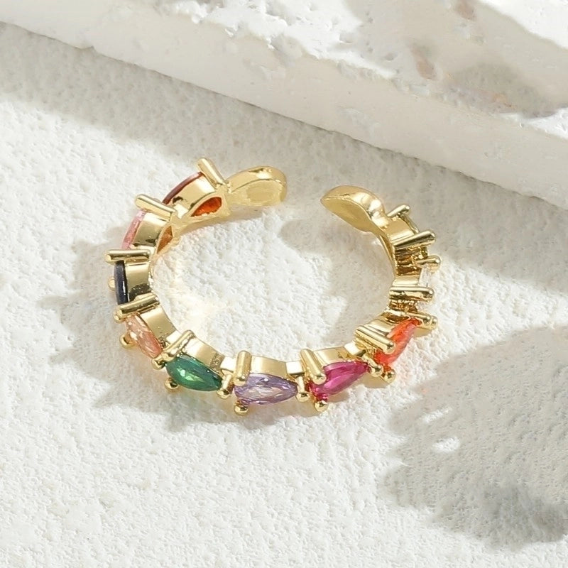 Elegant Luxurious Water Droplets Copper Plating Inlay Zircon 14k Gold Plated Open Rings