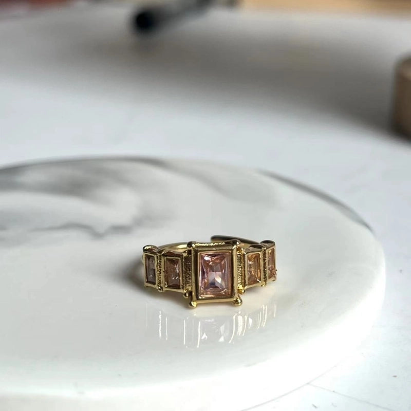 Classic Style Rectangle 304 Stainless Steel Zircon 18K Gold Plated Inlay Open Rings