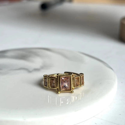 Classic Style Rectangle 304 Stainless Steel Zircon 18K Gold Plated Inlay Open Rings