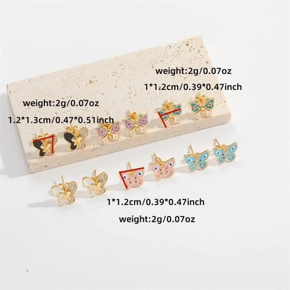 1 Pair Elegant Minimalist Commute Eye Butterfly Enamel Inlay Copper Zircon 14K Gold Plated Ear Studs