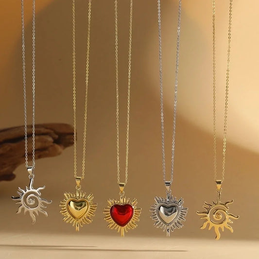 Copper 14K Gold Plated Enamel Sun Heart Shape Copper Necklaces