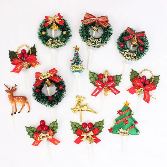 50 Pieces Christmas Cake Decoration Topper Grass Circle Leaves Santa Claus Snowman Reindeer Christmas Tree Cake Insert Ornament