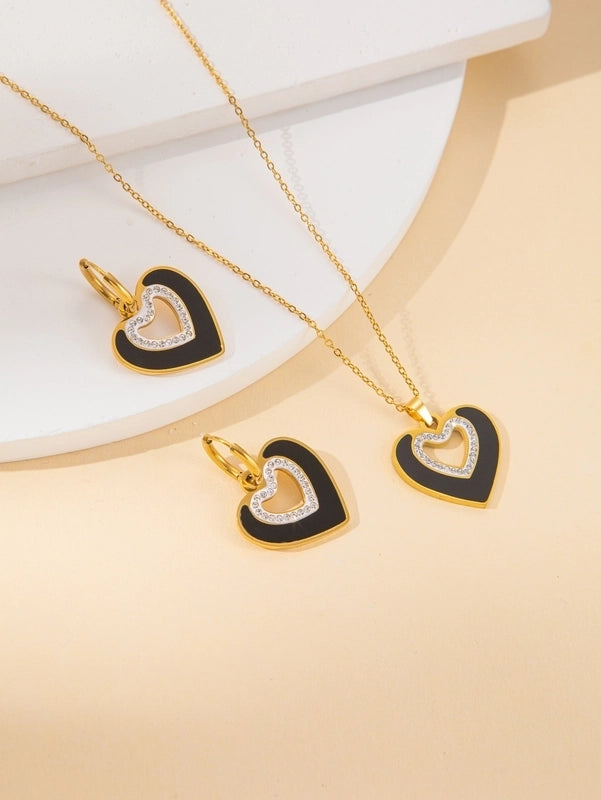 IG Style Minimalist Heart Shape Titanium Steel Shell Zircon Inlay Earrings Necklace