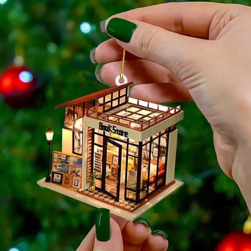 Cross-Border Bookstore Bookcase Creative Pendant Christmas Tree Car Decoration Acrylic Hang Decorations Pendant 8cm