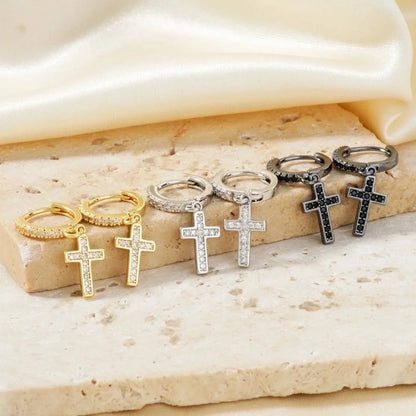 1 Pair Elegant Streetwear Shiny Cross Inlay Copper Zircon K Gold Plated Rhodium Plated Earrings