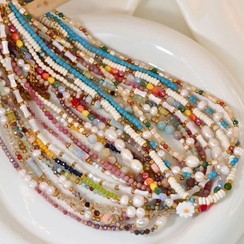 2 Pieces Hawaiian Bohemian Minimalist Geometric Freshwater Pearl Glass Titanium Steel Women\'S Necklace