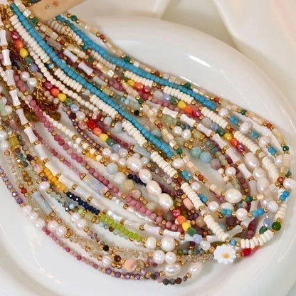 2 Pieces Hawaiian Bohemian Minimalist Geometric Freshwater Pearl Glass Titanium Steel Women\'S Necklace