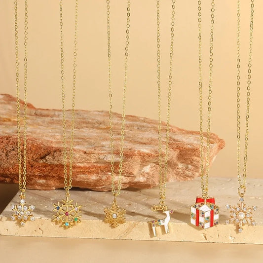 Minimalist Snowflake Elk Inlay Copper Necklaces