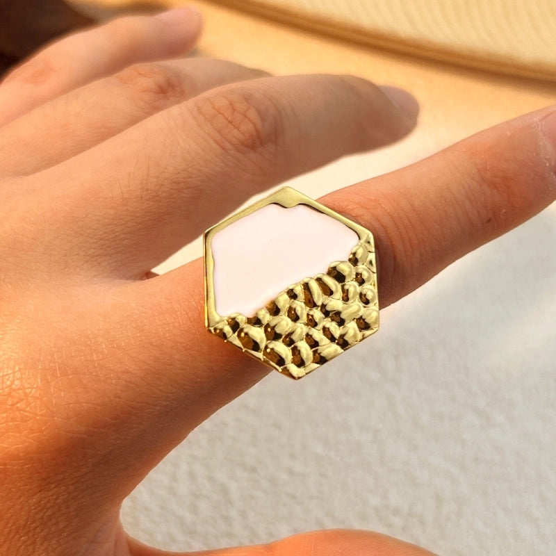 Casual Retro Hexagon 304 Stainless Steel 18K Gold Plated Enamel Open Rings