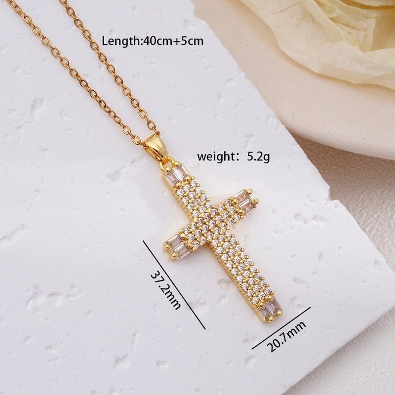 304 Stainless Steel Copper Inlay Cross Zircon Pendant Necklace