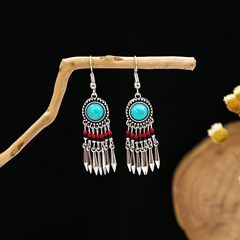Bohemian Blue Turquoise National Style Earrings Imitation Miao Silver Metal Earrings Vintage Tassel Earrings