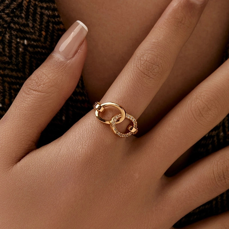 Copper 18K Gold Plated Inlay Semicircle Round Petal Zircon Open Rings