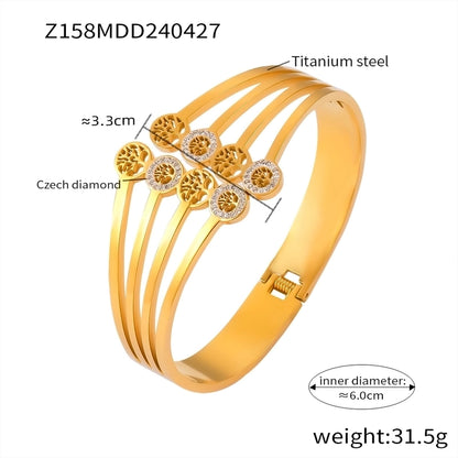 Casual Minimalist Hexagon Round Titanium Steel 18K Gold Plated Rhinestones Bangle In Bulk