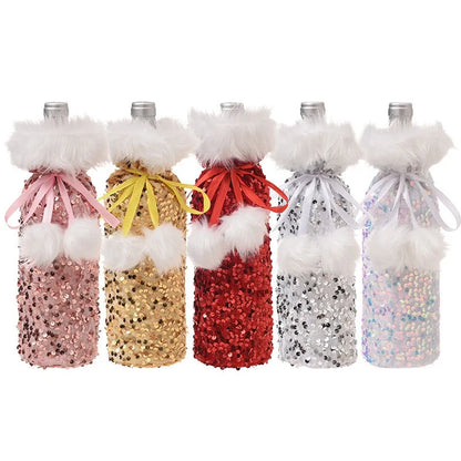 Cross-border New Arrival Christmas Decorations European And American Sequins Bottle Cover Plush Drawstring Wine Gift Box Hotel Dining Table Dress Up