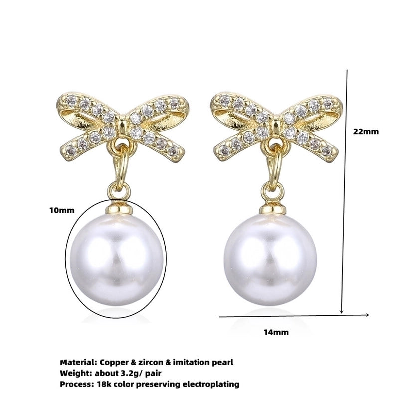 Copper Plating 18K Color Retention Imitation Pearl Bowknot Christmas Ear Studs Earrings
