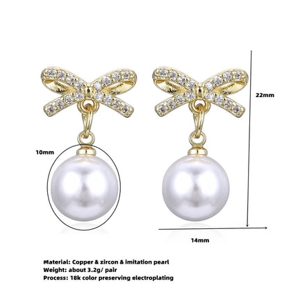 Copper Plating 18K Color Retention Imitation Pearl Bowknot Christmas Ear Studs Earrings