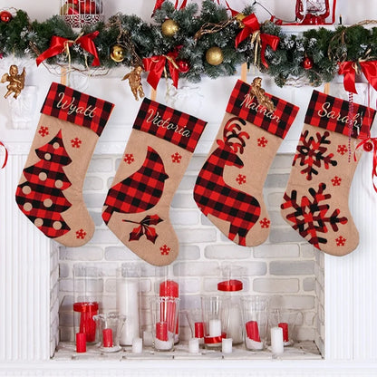 2 Pieces Christmas Stocking Decoration Supplies Red And Black Plaid Burlap Patch Embroidery Children's Gift Bag Holiday Decoration