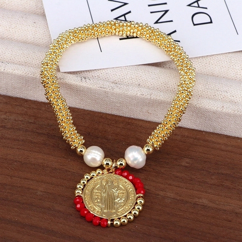 Copper 18K Gold Plated Handmade Pearl Human Round Virgin Mary Crystal Bracelets