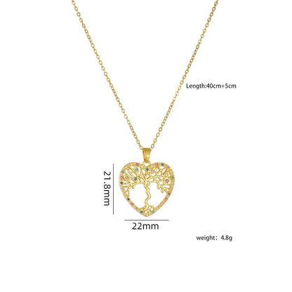 304 Stainless Steel Copper Heart Shape Life Tree Pendant Necklace