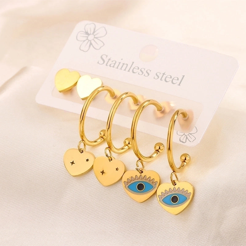 3 Pairs Minimalist Heart Shape Flower Enamel 304 Stainless Steel 18K Gold Plated Drop Earrings Ear Studs