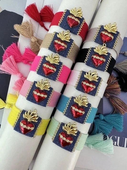 Retro Heart Shape 18K Gold Plated Zircon Polyester Denim Brass Drawstring Bracelets