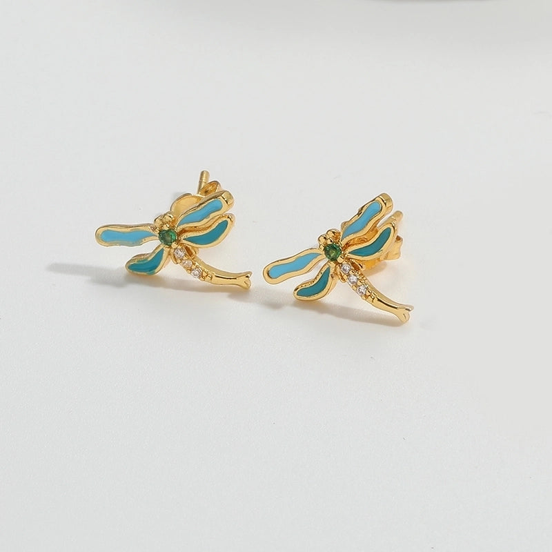 1 Pair Elegant Minimalist Commute Dragonfly Butterfly Enamel Inlay Copper Zircon 14K Gold Plated Ear Studs