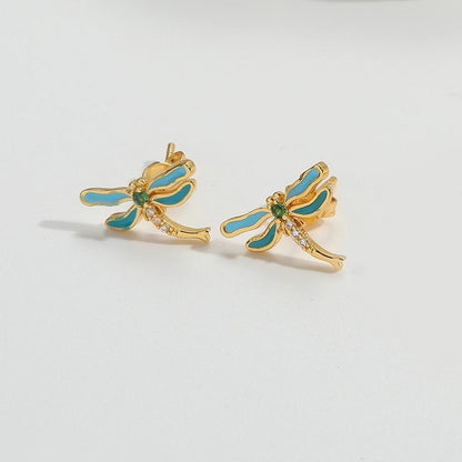 1 Pair Elegant Minimalist Commute Dragonfly Butterfly Enamel Inlay Copper Zircon 14K Gold Plated Ear Studs