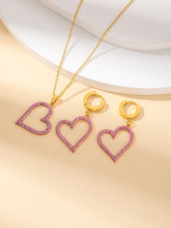 IG Style Minimalist Heart Shape Titanium Steel Shell Zircon Inlay Earrings Necklace