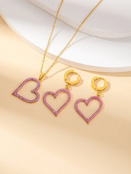 IG Style Minimalist Heart Shape Titanium Steel Shell Zircon Inlay Earrings Necklace