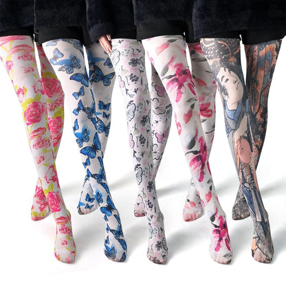 Thin Printed Pantyhose Spring And Autumn Versatile Butterfly Wild Abstract Retro Stockings Women's Socks Anti-snagging