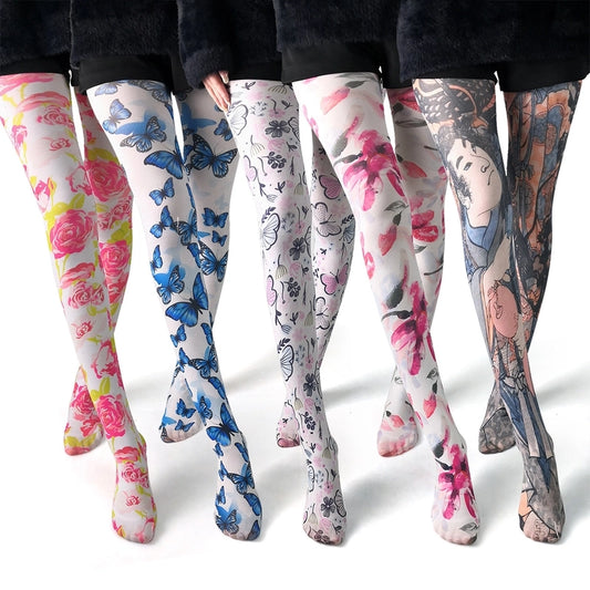 Thin Printed Pantyhose Spring And Autumn Versatile Butterfly Wild Abstract Retro Stockings Women's Socks Anti-snagging