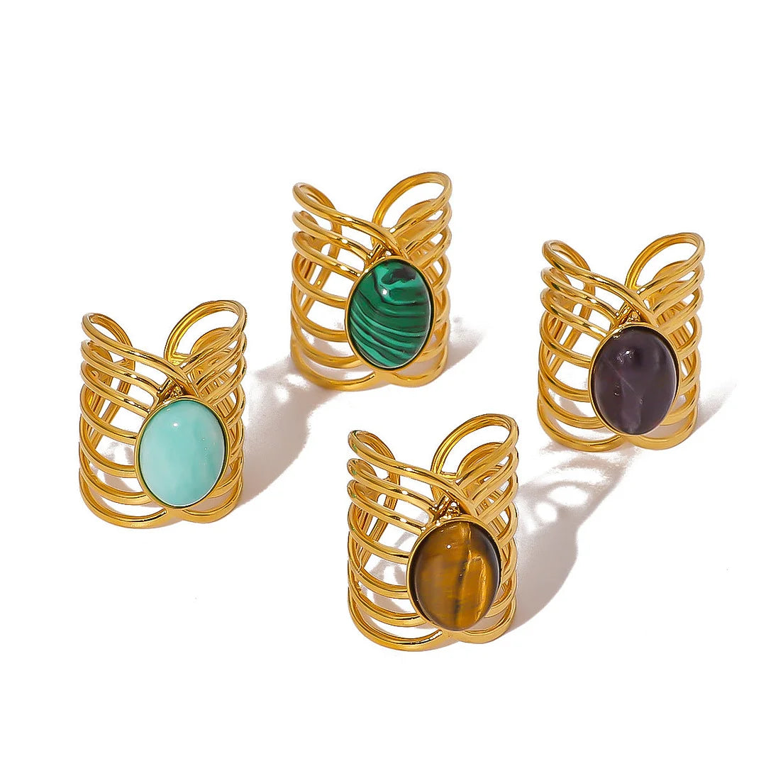 Open Ring IG Style Natural Stone Geometric Stainless Steel Electroplating Rings