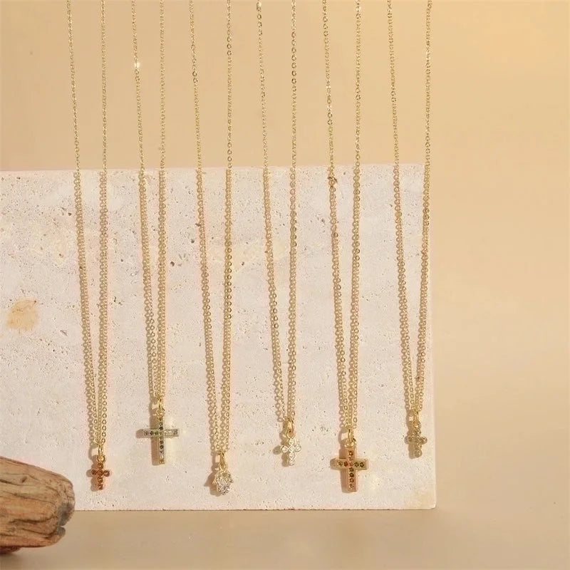 Copper 14K Gold Plated Vintage Style Minimalist Commute Inlay Cross Palm Zircon Pendant Necklace