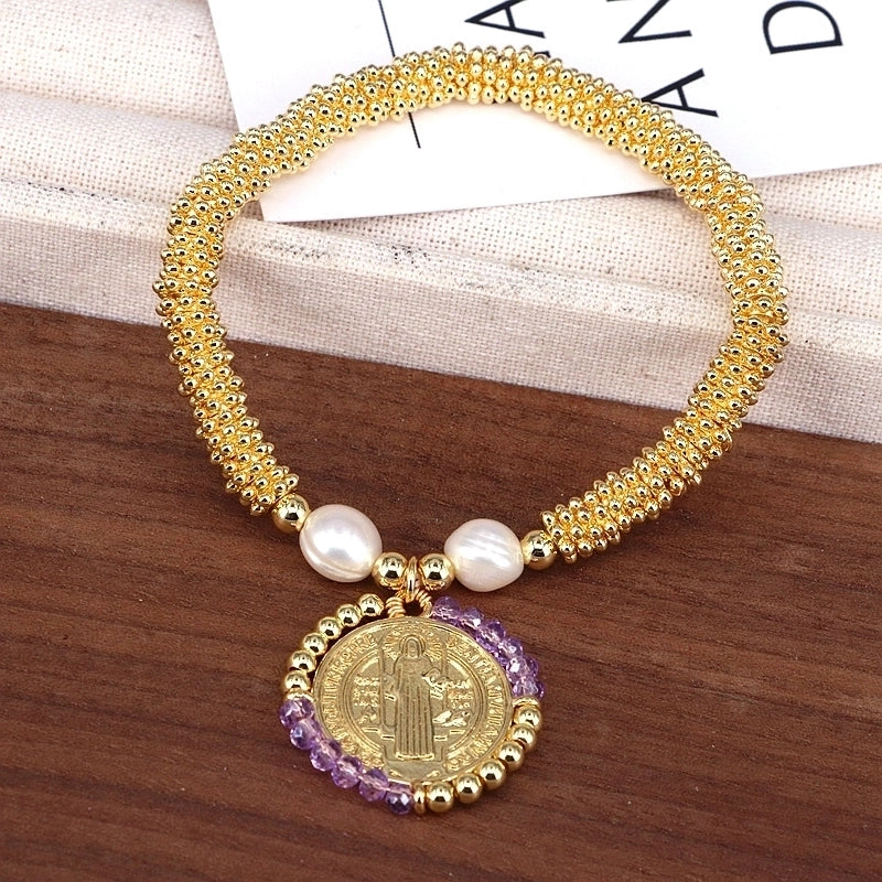 Copper 18K Gold Plated Handmade Pearl Human Round Virgin Mary Crystal Bracelets