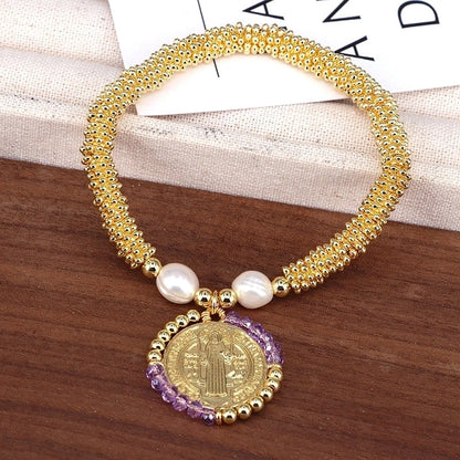 Copper 18K Gold Plated Handmade Pearl Human Round Virgin Mary Crystal Bracelets