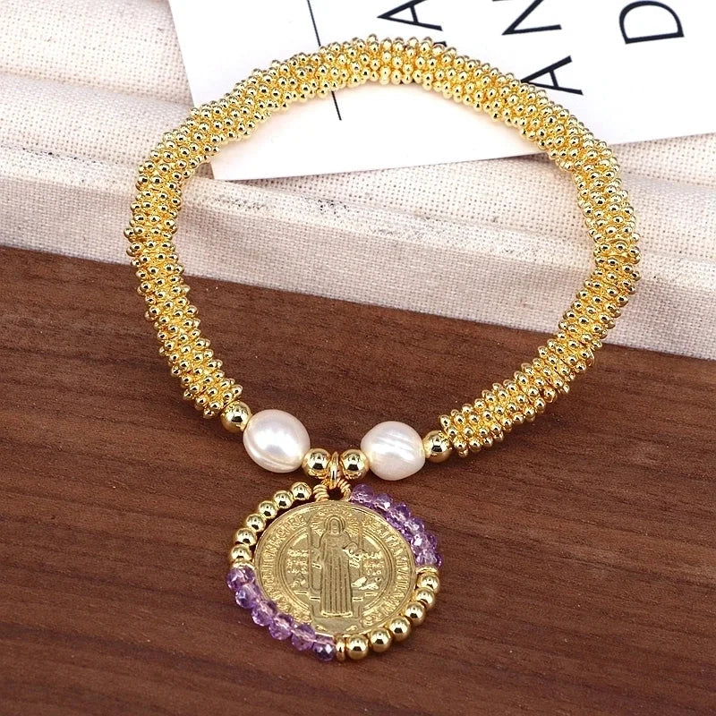 Copper 18K Gold Plated Handmade Pearl Human Round Virgin Mary Crystal Bracelets