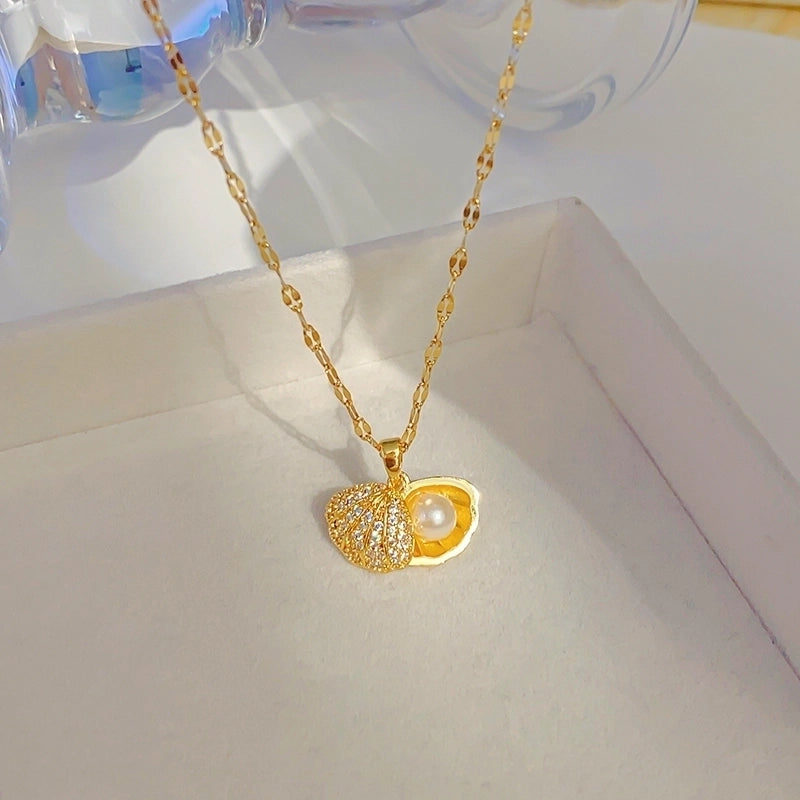 Elegant Shell 304 Stainless Steel Copper Artificial Pearls Zircon 18K Gold Plated K Gold Plated Plating Inlay Pendant Necklace