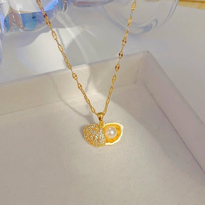 Elegant Shell 304 Stainless Steel Copper Artificial Pearls Zircon 18K Gold Plated K Gold Plated Plating Inlay Pendant Necklace
