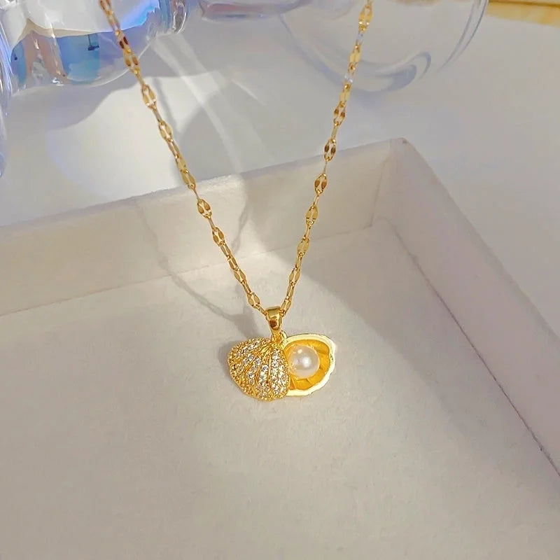 Elegant Shell 304 Stainless Steel Copper Artificial Pearls Zircon 18K Gold Plated K Gold Plated Plating Inlay Pendant Necklace