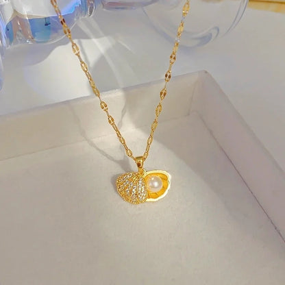 Elegant Shell 304 Stainless Steel Copper Artificial Pearls Zircon 18K Gold Plated K Gold Plated Plating Inlay Pendant Necklace