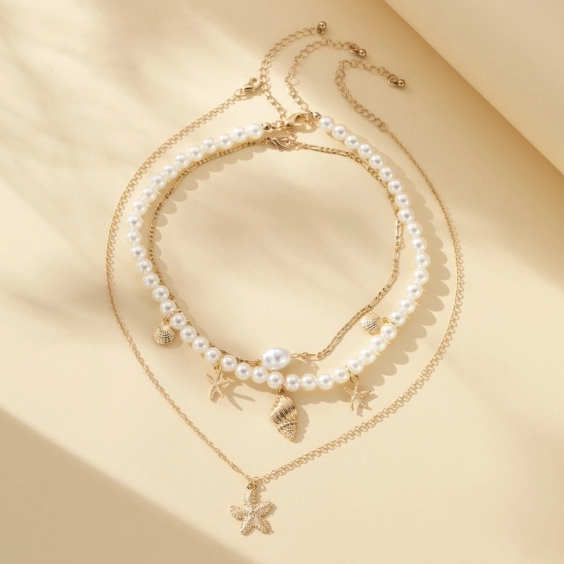 Elegant Cute Vintage Style Starfish Shell Imitation Pearl Alloy Three Layer Necklace