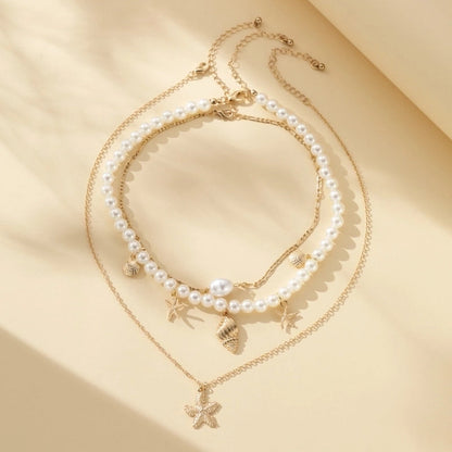 Elegant Cute Vintage Style Starfish Shell Imitation Pearl Alloy Three Layer Necklace