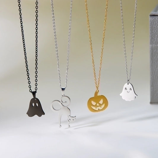 Funny Pumpkin Ghost Spider 201 Stainless Steel Asymmetrical Hollow Out Pendant Necklace