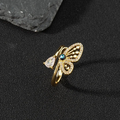 Fashion Eye Butterfly Copper Inlay Zircon Open Ring 1 Piece