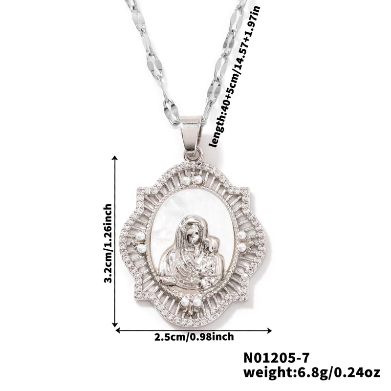 Vintage Style Religion Artistic Round Virgin Mary 304 Stainless Steel Copper Zircon K Gold Plated Inlay Pendant Necklace