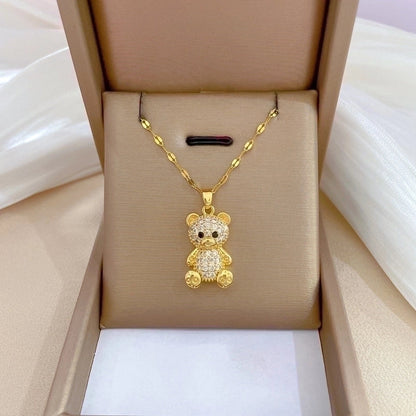 2 Pieces Minimalist Bear Titanium Steel Copper Plating Inlay Zircon Pendant Necklace
