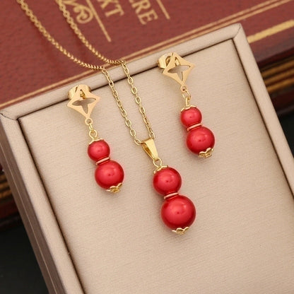 Stainless Steel Artificial Pearl 18K Gold Plated Commute Patchwork Gourd Jewelry Set