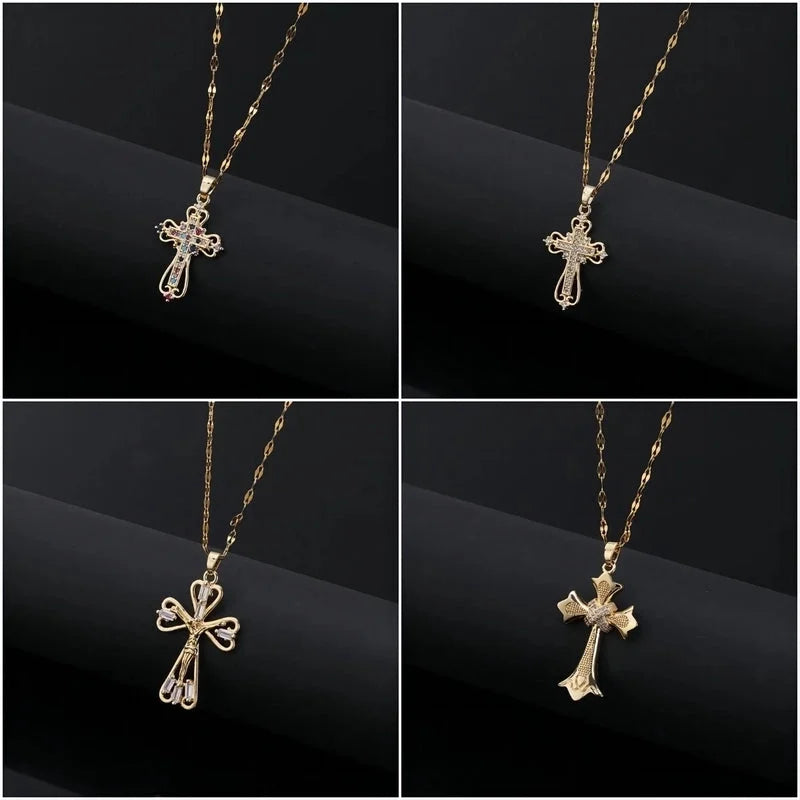 Copper Inlay Cross Zircon Pendant Necklace