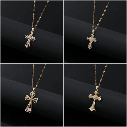 Copper Inlay Cross Zircon Pendant Necklace